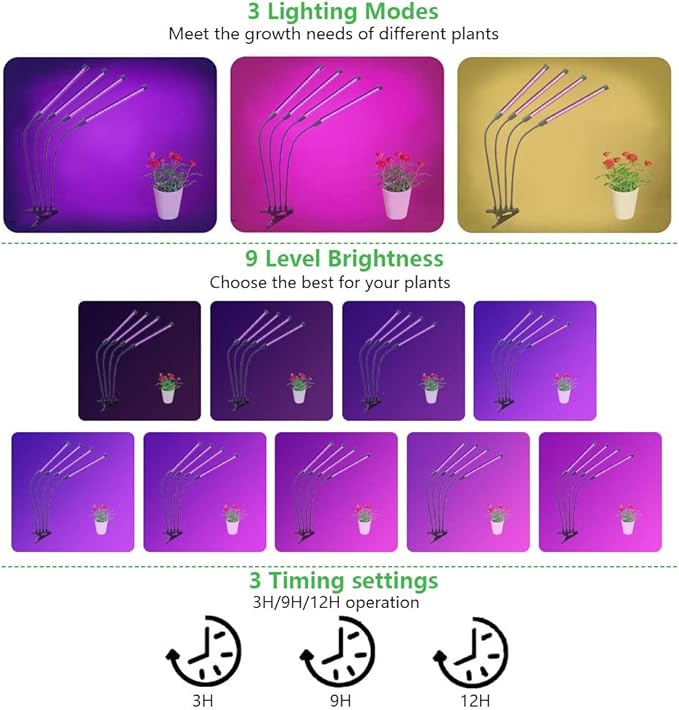 Grow Light80W Clip Growing Lamp 9 Dimmable Level Full Spectrum LED Grow Light with Auto OnOff 3912H Timer Adjustable Gooseneck 3 Switch Modes Plant Light for Indoor Plants 4 Heads