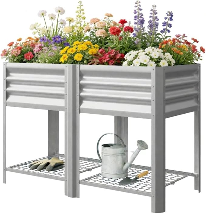 Raised Garden Bed39.6 Gal CapacityPowder-Coated Galvanized Steel Supporting Up to 396 lbsIncludes a Bottom Shelf6 Legsfor Backyard Patio Balcony