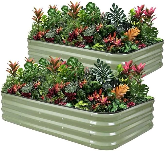 1MORE Raised Garden Bed -5X3X1 Galvanized Planter Box for Outdoor Gardening4 in 1 Modular Raised Bed Kit with Protective Tape Gloves for HerbIdeal for Vegetables and Plants.Green-2Pcak