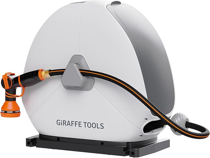 Giraffe Tools Ground Mounted Retractable Hose Reel 1/2 Inch x 82FT Heavy Duty Automatic Rewind Garden Hose Reel with Flexible Swivel Base for Lawn Concrete Floor