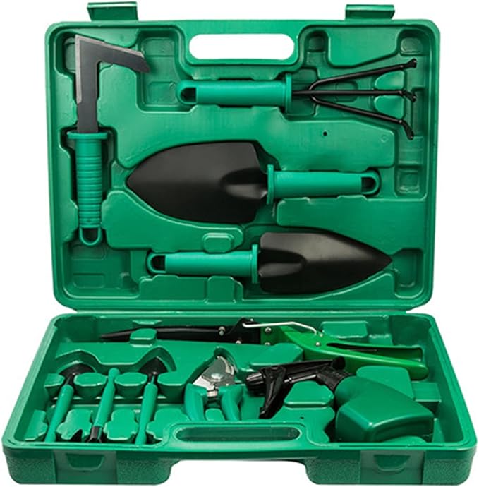 Garden Tools Set 10 Pieces Gardening Tools Garden Hand Tools with Purple Floral Print Ergonomic Handle &amp Carrying Case (Color : Green)