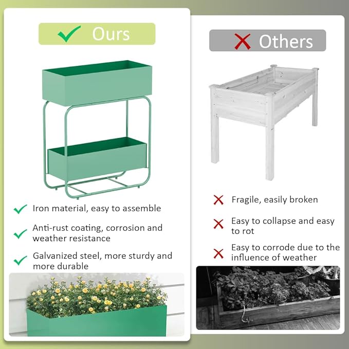 Raised Garden Bed Herb Garden Planter Outdoor - 2 Tier Metal Raised Elevated Garden Bed Planter with Drainage Holes for Patio Lawn Backyard Balcony 24x10x29 Inch Green