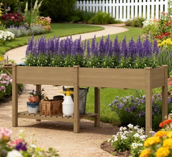 Elevated Garden BedWood Raised GBoxwith Side TableBottom ShelfBed Liners and Drainage Holes