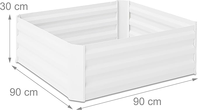 Relaxdays Raised Planter in Galvanised Iron Flower Bed for the Garden Plants Flowers HxWxD: 30 x 90 x 90 cm White
