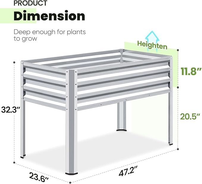 KING BIRD Large Raised Garden Bed with Legs Galvanized Elevated Planter Box 48×24×32 in for Backyard Patio Balcony 400lb Capacity Silver