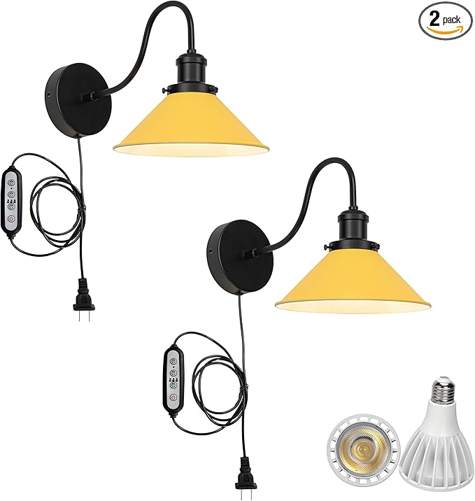 2-Pack Hook Mounted Plant Light Full Spectrum 6000K 25W White Light Timing Plug in Cord Vintage Yellow Cone Shade Goose Neck Wall Lamp for Indoor Plants Flowers Growing