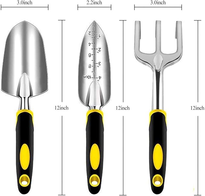 Garden Tool Set 3 Pcs Gardening Tools Including Garden Trowel Transplant Trowel and Hand Cultivator Aluminum Alloy Gardening Supplies with Handle for Gardening Digging Transplanting Yellow