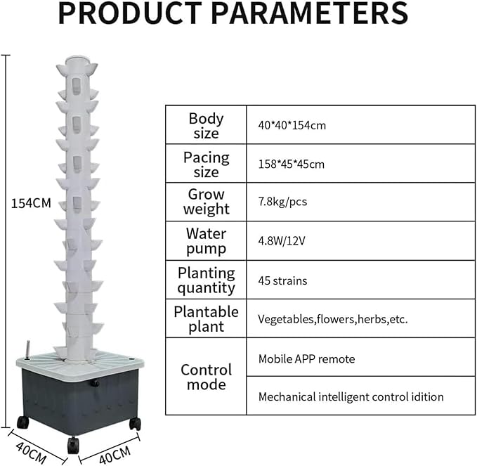 Hydroponic Tower Growing sytem Indoor hydroponic Grow System Vertical Grow Tower 15 Layer 45 Plants Sites with Pump and Movable Water Tank