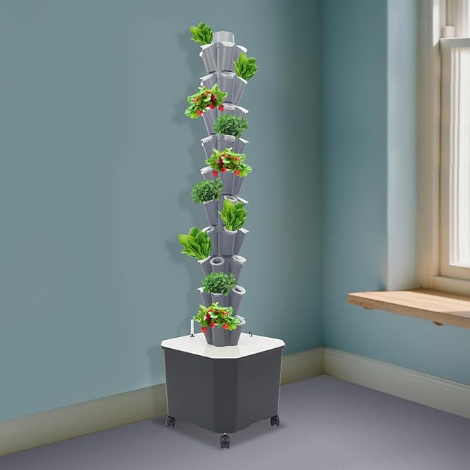Hydroponic Tower 50 Holes Vertical Planter Tower 10-Tier Hydroponics Growing System Kit Wheels with Locks Food Grade with IPX8 Water Pump &amp LED Grow Lights for Villas Garden Apartments