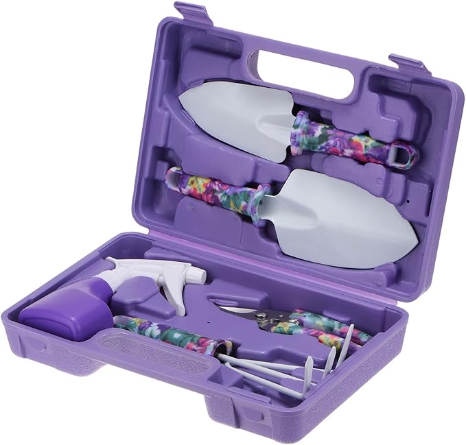 HARFINGTON 1 Set Garden Tool Set 5 Pieces Plastic Gardening Planting Tools Kits with Shovels Rake Cultivator Water Sprayer and Store Case Purple