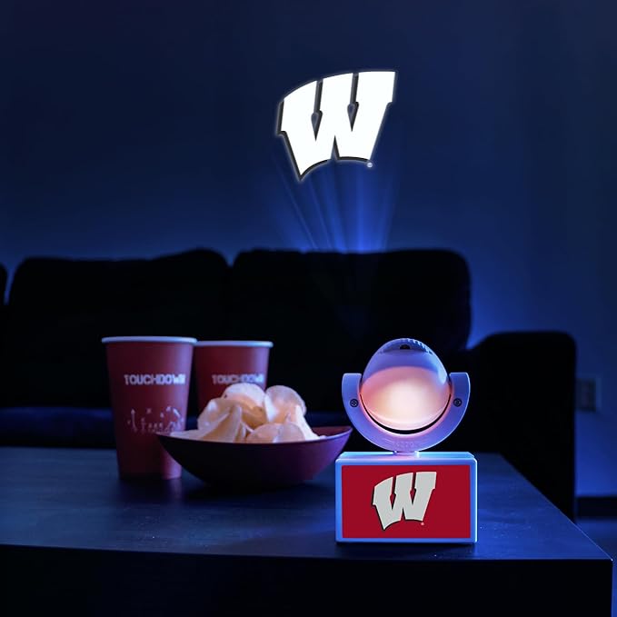 Sporticulture NCAA American Football Wisconsin - Adjustable Led Mini Spotlight Projector with 6 Team Logo Designs - Portable &amp Rechargeable Spotlight - Battery-Operated - 4.375” x 3.125”