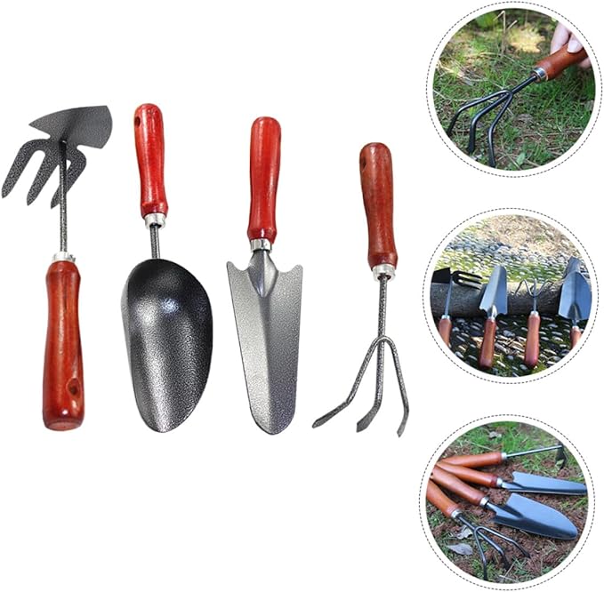 Garden Tool Set 4pcs Small Metal Spade Hand Shovel Soil Scoop with Narrow Shovel Hand Rake Dual-Purpose Hoe for Planting and Weeding in Home Gardening