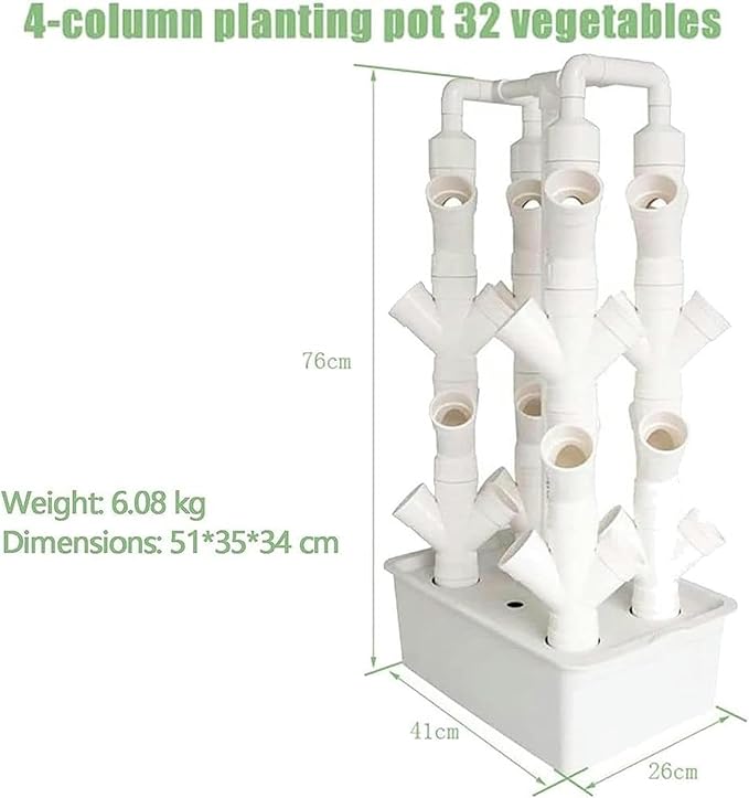 Vertical Hydroponic Tower Vegetable Plant Tower 16/24/32 Pots PVC Pipe Hydroponic Kit Aquaponics Growing System for Leafy Vegetables Herbs Garden Grow Lettuce and Fruits (32Holes)