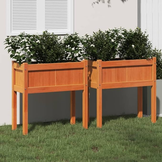 Garden Planter Set of 2 Wax Brown Solid Pine Wood 27.6x27.6x27.6 in Outdoor Rectangular Raised Garden Bed for Balcony Patio