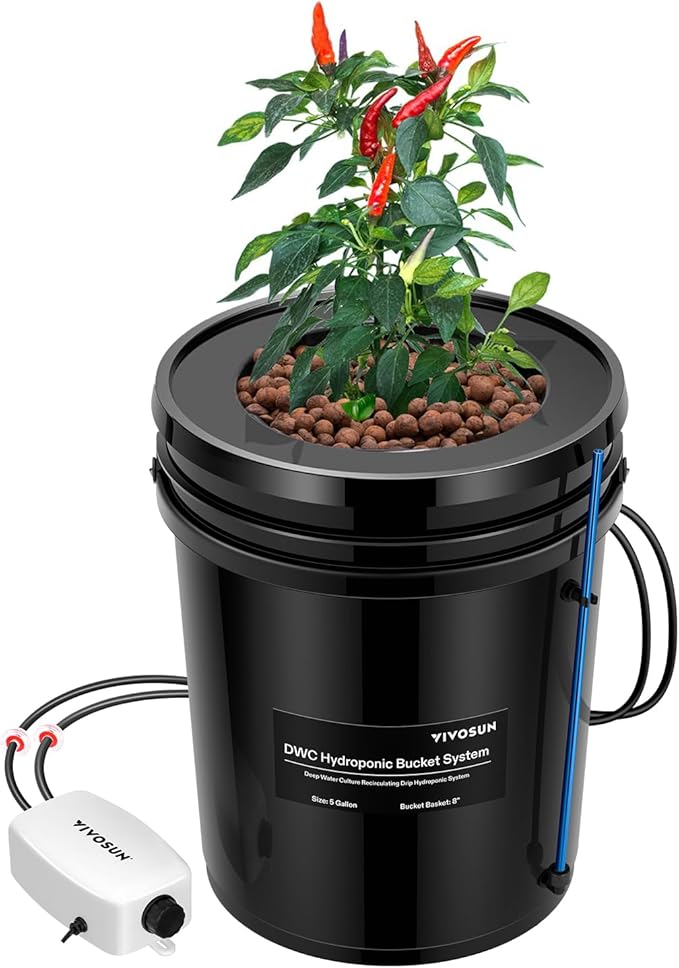 VIVOSUN DWC Hydroponics Grow System with Top Drip Kit 5-Gallon Deep Water Culture Recirculating Drip Garden System with Multi-Purpose Air Hose Air Pump and Air Stone (1 Bucket + Top Drip Kit)