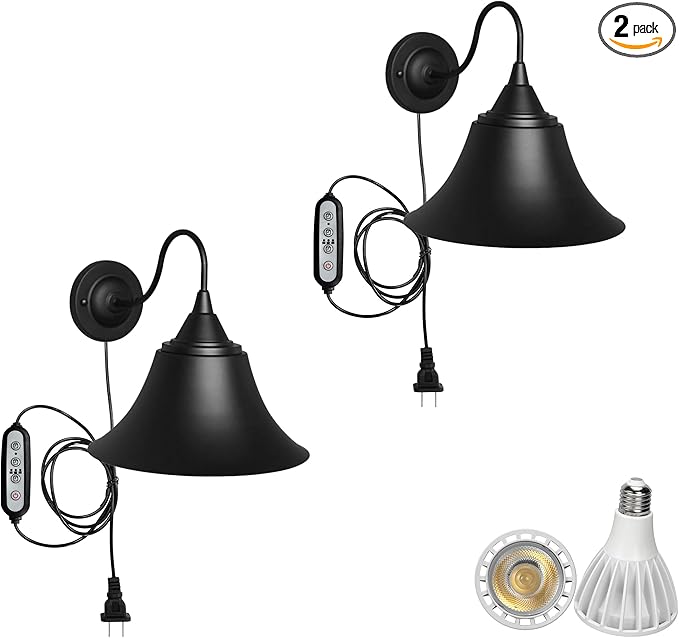 2-Pack Hook Mounted Plant Light Full Spectrum 6000K 25W White Light Timing Plug in Cord Industrial Style Black Wall Lamp for Indoor Plants Flowers Growing