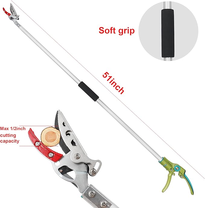 GARTOL Cut &amp Hold Pole Pruner 4.2 FT Lightweight Fruit Picker with 180° Rotating Handle SK5 Steel Blade Cuts up to 1/2 Inch Long Reach Garden Tree Trimmer &amp Branch Cutter for Shrubs Bushes