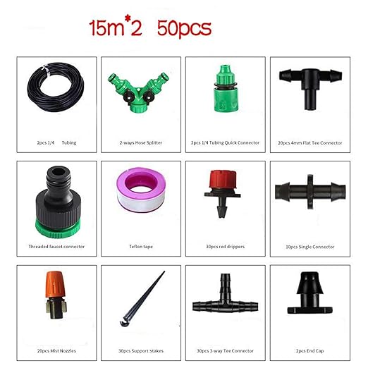 Drip Irrigation Kit | Complete 1/4 Inch Misting EquipmentGarden Watering System - for Lawn Backyard Yard Greenhouse Homeowners Gardeners Farmers