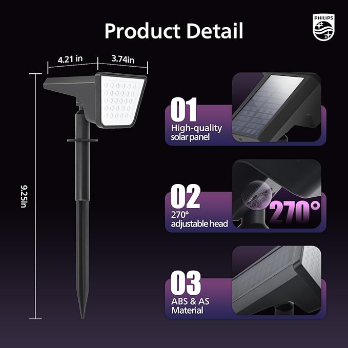Philips 4 Packs Solar RGBW Spot Lights Outdoor 18 LED Solar Powered Landscape Lights 9 Lighting Modes Color-Changing Dusk to Dawn Waterproof Pathway Spotlights for Garden Trees Halloween Christmas
