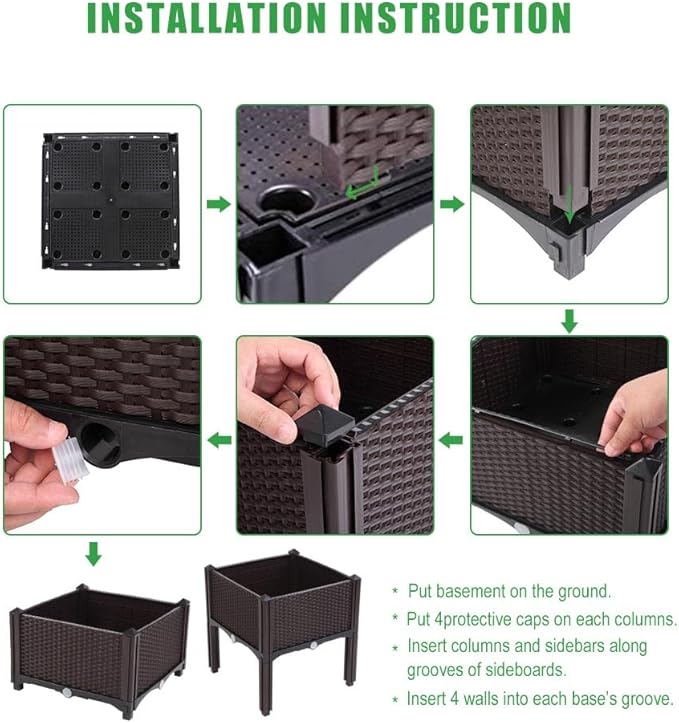 Modular Raised Garden Bed 4-Pack Free-Splicing Design Sturdy Plastic Construction Weather-Resistant Rattan-Look Planter Box for Vegetables Flowers Herbs Garden Box for Patio Yard or Balcony