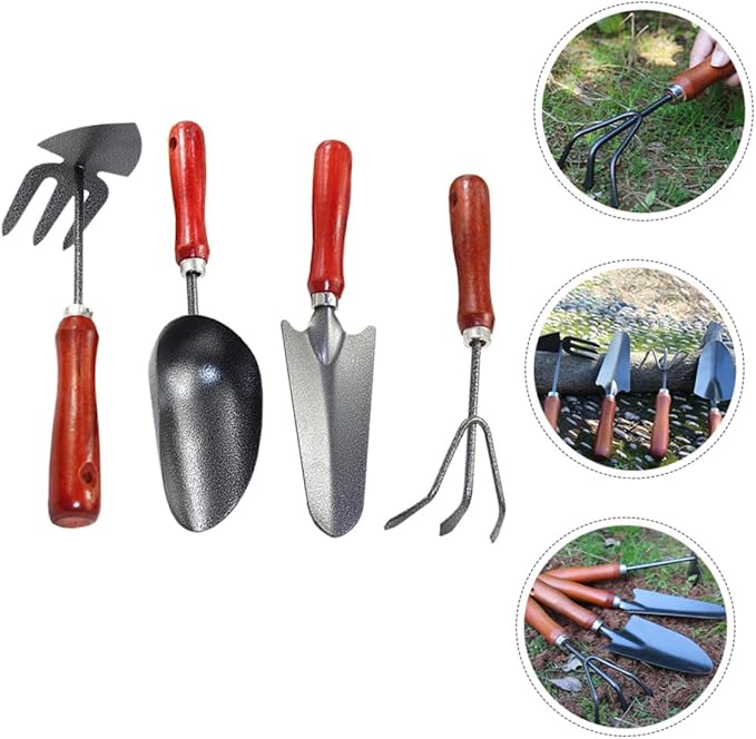 DOITOOL Garden Tool Set 4pcs Small Shovels for Digging Hand Trowel with Extended Narrow Spade Three-Prong Rake Dual-use Hoe and Rake Metal Gardening Supplies for Flower Planting