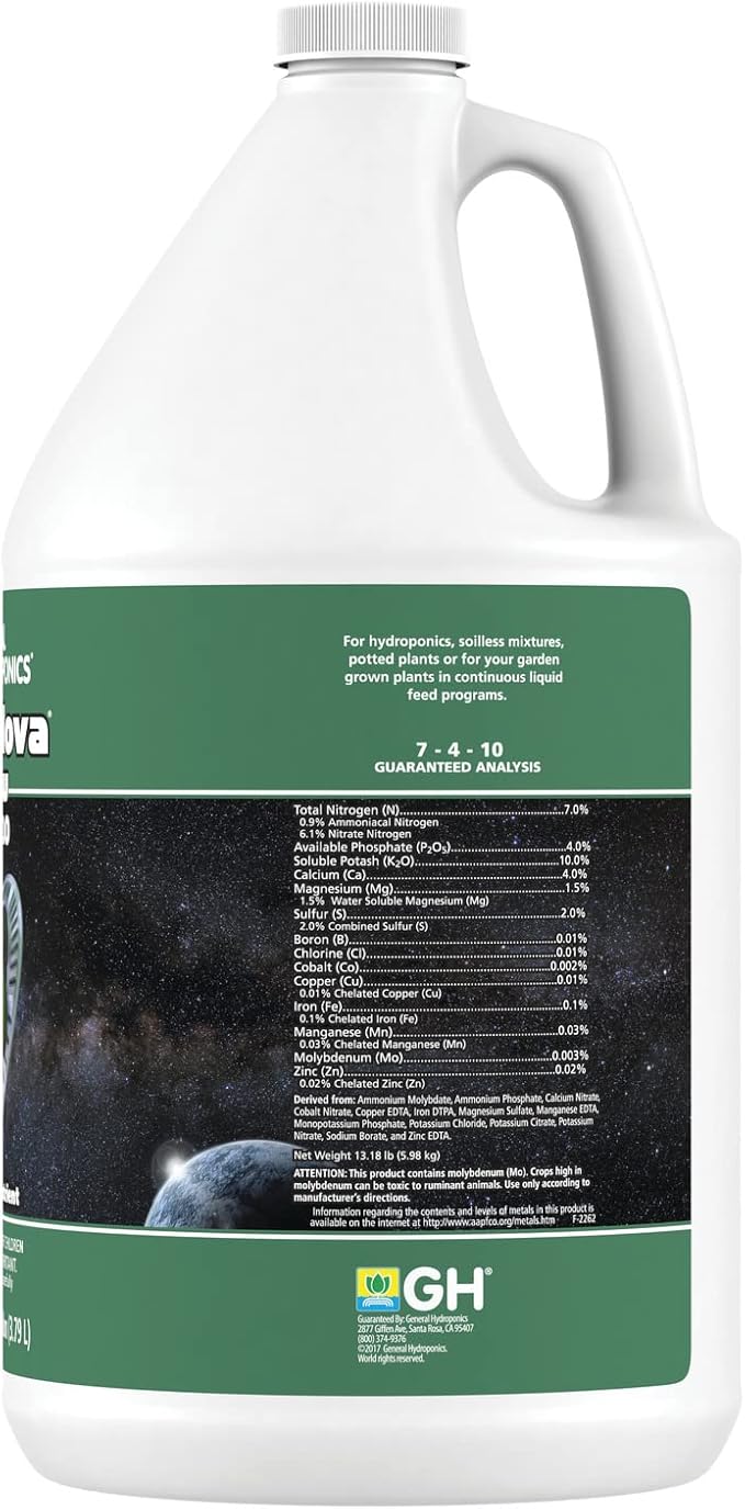 General Hydroponics HGC718805 FloraNova Grow 7-4-10 Robust Strength of Dry Fertilizer But in Rapid Liquid Form Use for Hydroponics Soilless Mixtures Containers &amp Garden Grown Plants 1-Gallon