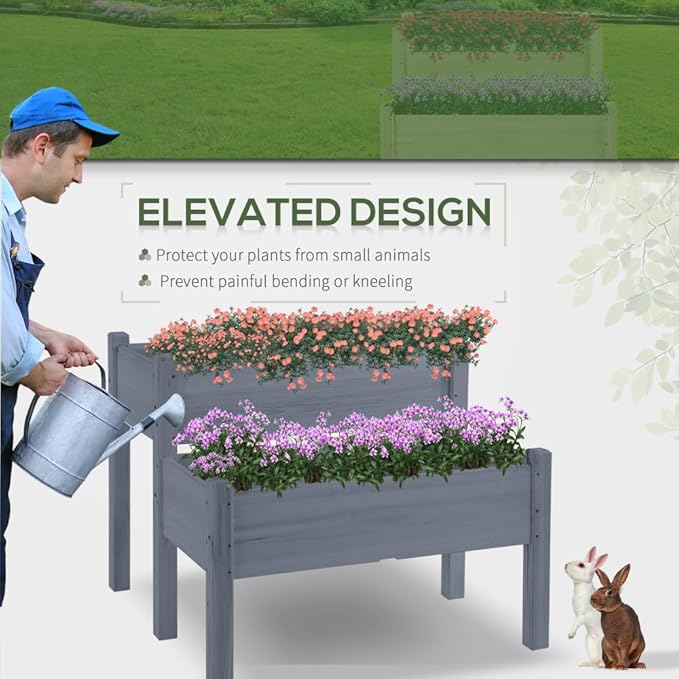 Two-Tier Raised Garden Bed with Trough Design for Vegetables Herbs and Flowers Elevated Wood Planter Box for Backyard Patio Use