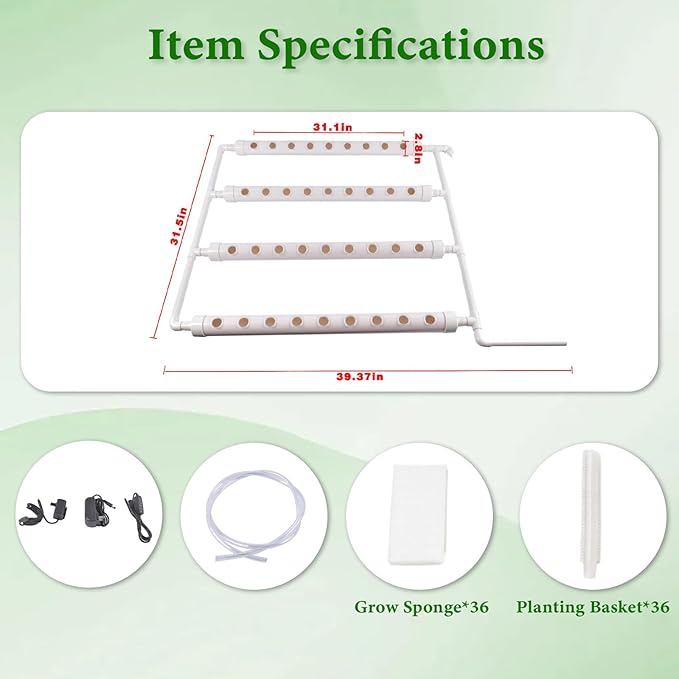 Hydroponic Grow KitPump TimerFood-Grade PVC-U Pipes Hydroponics Planting System with Water Pump Nest Basket and Sponge for Leafy Vegetables