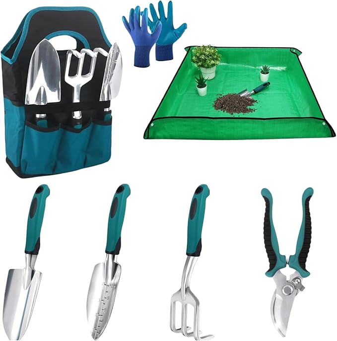 7 Piece Gardening Tools Set Garden Tool Set (Including 1 Pruning Shears 2 Garden Trowel 1 Small Rake 1 Pair of Gloves 1 Mat 1 Storage Bag) Garden Hand Tools for Weeding Cultivating