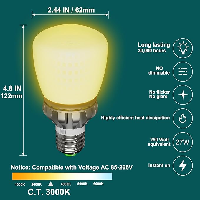 LED Light Bulbs A19 250 Watt Equivalent Bright LED Bulbs 3670LM 3000K Warm White 27W E26 LED Corn Light Bulb Non-Dimmable 2-Pack