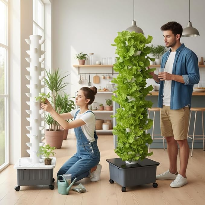 Vertical Hydroponics Growing SystemAeroponic Grow Tower for Herbs Fruits and Vegetables 14 Layer 70 Plants Sites with Movable Water Tank Hydrating Pump Timer Adapter