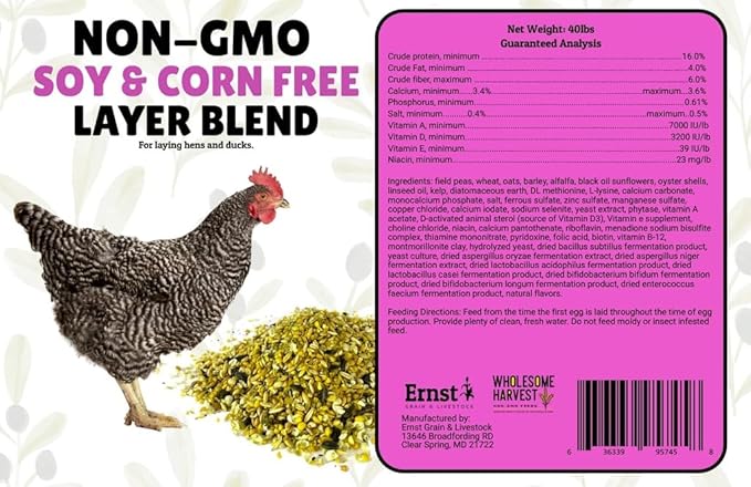 Non-GMO Soy and Corn Free Whole Grain Layer Blend 16% - Chicken Feed for Laying Hens and Ducks - Includes Essential Oils Herbs Oyster Shells Vital Minerals and Omega 3 40lb