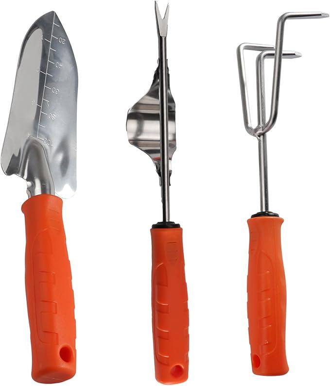 Garden Tool Set with Non-Slip Rubber Handle 3 Pack Stainless Steel Heavy Duty Gardening Tool Set Weed Puller Tool Includes Hand Weeder Transplants Trowel and Cultivator (Orange)