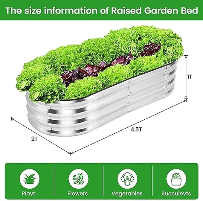 4.5×2×1ft 2pcs Oval Silver Galvanized Raised Garden Bed with Open Bottom Design Rust-Resistant Metal Planter Box for Vegetables Flowers &amp Herbs - 0.5mm Thickness with Rubber