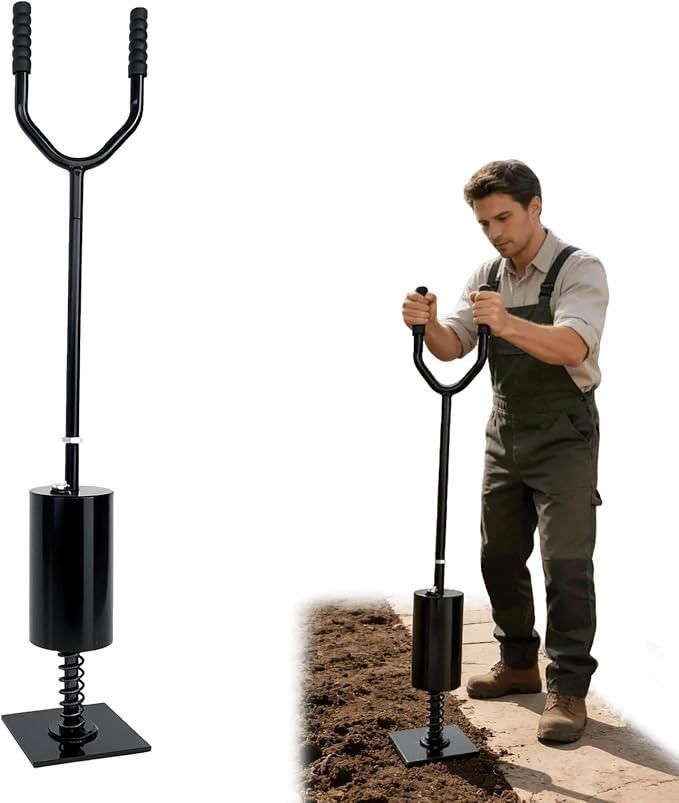 Spring Loaded Tamper Tool Heavy Duty Tamper for Garden &amp Landscaping Tools 8 x 8 Steel Base Fillable Weight Tube Shock Absorbing Spring for Soil Sand &amp Gravel