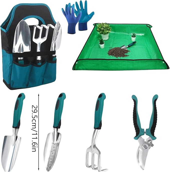 7 Piece Gardening Tools Set Garden Tool Set (Including 1 Pruning Shears 2 Garden Trowel 1 Small Rake 1 Pair of Gloves 1 Mat 1 Storage Bag) Garden Hand Tools for Weeding Cultivating