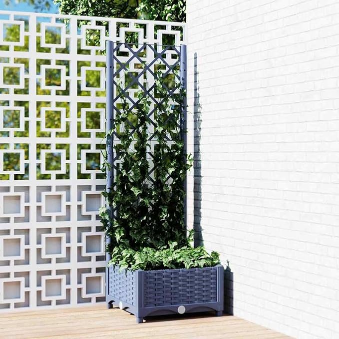Blue-Grey Garden Planter w/Trellis 15.7x15.7x47.8 in Large Polypropylene Raised Planter for Patio Balcony &amp Terrace