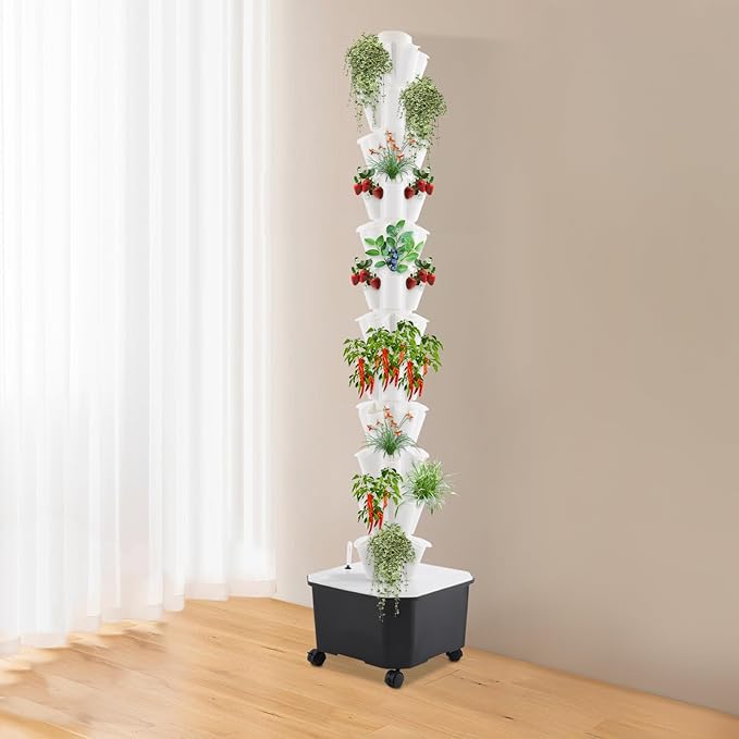 12 Tier 60 Holes Hydroponics Growing System Kit Vertical Hydroponic Tower Indoor Gardening Kit for Vegetables Herbs Fruits Home &amp Greenhouse (White)