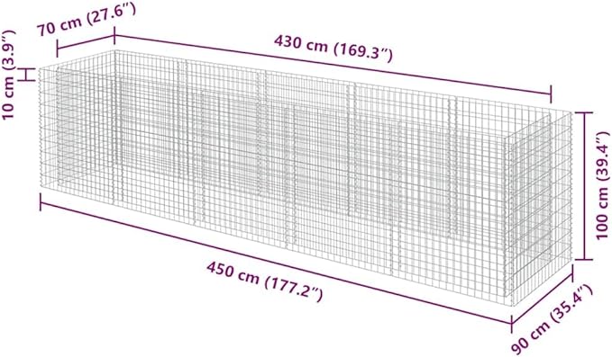 Gabion Raised Garden Bed Silver Galvanized Steel Planter Box 177.2x35.4x39.4 Inch Outdoor Rectangular Metal Planters for Flowers Herbs Vegetables