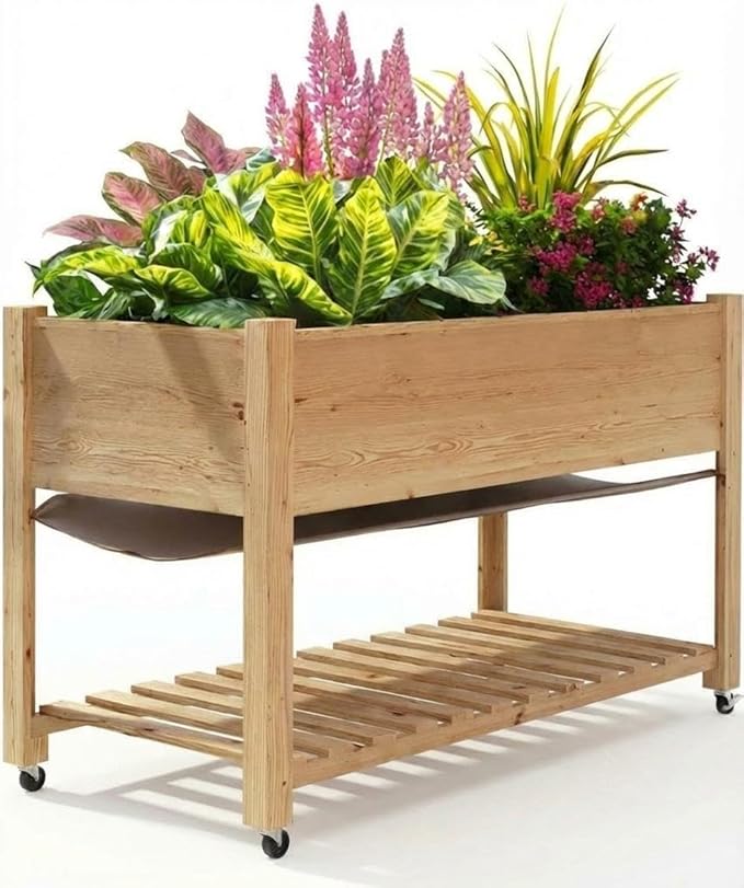 Modern Wooden Planter Box with Locking Wheels Mobile Design Raised Garden Bed for Patio &amp Small Spaces Built-In Storage Shelf Drainage Holes &amp Durable Liner for Vegetables Herbs 48x24x32