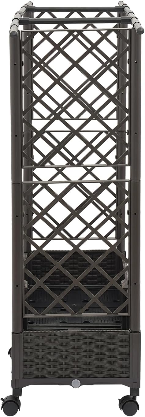 45.7 Planter Box with Trellis Outdoor Grid-Pattern Elevated Raised Bed with Wheels for Outdoor Vegetables Flowers Herbs Plastic Raised Garden Bed with Trellis Hanging Roof
