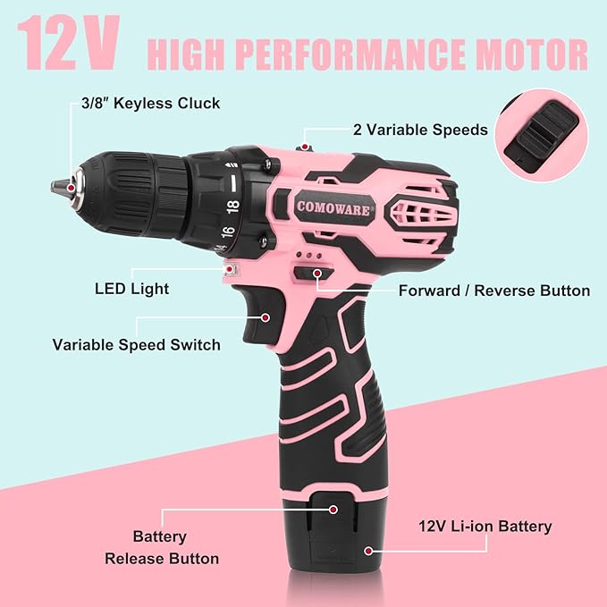 COMOWARE Pink Cordless Drill Set for Women 12V Lightweight Electric Screwdriver with 3/8 Keyless Chuck 1.5Ah Battery - Portable Power Drill Kit with Pink Tool Bag for Home DIY Projects