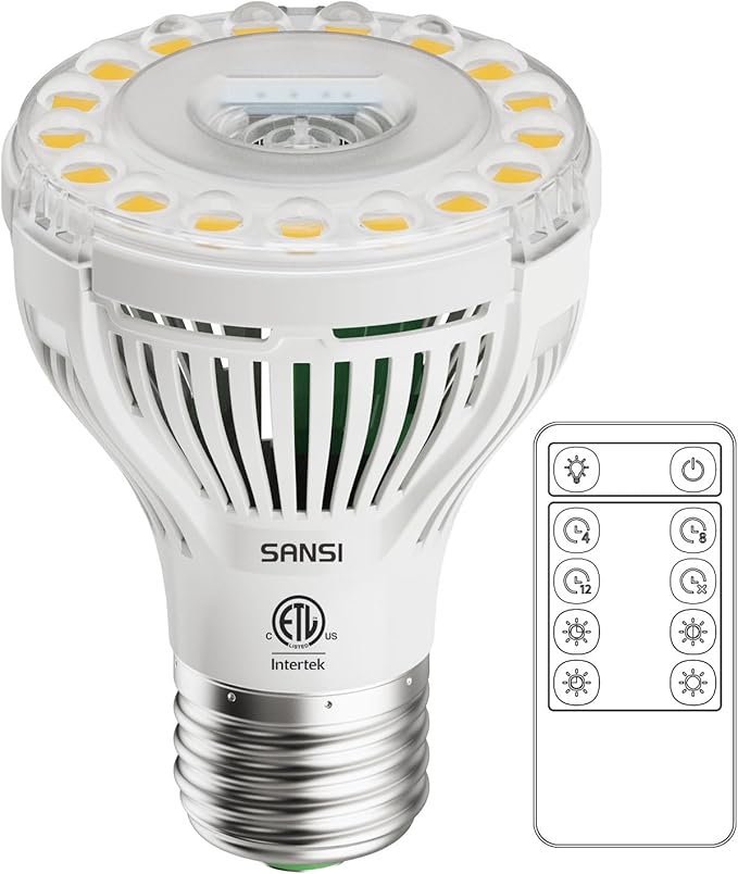 SANSI Puck Grow Light with Timer Auto On Off 4 8 12 Hrs 4-Level Dimmable Dimmable Grow Light Bulb 5W Full Spectrum with Remote Control Auto On Off Timing 4 8 12 Hrs