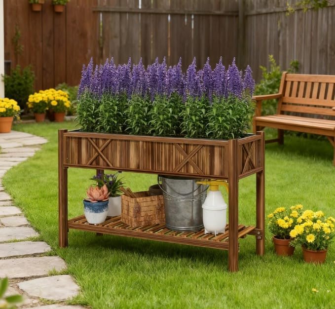 Elevated Wood Planter Box with Storage Shelf &amp Liner Raised Garden Bed with Drainage Holes Complete Gardening Solution for Patio Deck &amp Backyard (Brown)