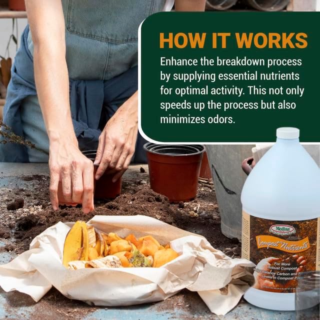 Medina Compost Nutrients - Compost Activator &amp Accelerator for Soil Improvement with Composting Cultures Balances Elements Maintains pH – Ideal for Garden Compost. 1 Quart Treats up to 250 lbs.