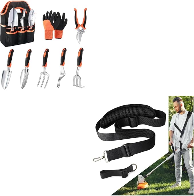 Garden Tools Set 8 Piece Gardening Tools Set with Non Slip Ergonomic Handle+ Trimmer Shoulder Strap for Weed Adjustable Shoulder Straps Pads