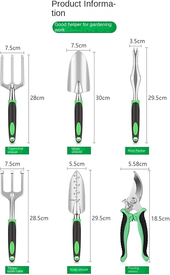 6Pcs Garden Tool Set Aluminum Alloy Gardening Tools Sand Digging Set Non Slip Ergonomic Handle Depth Marking Hand Rake Weed Puller Garden Fork &amp Pruning Shear Garden Hand Tools (Green)