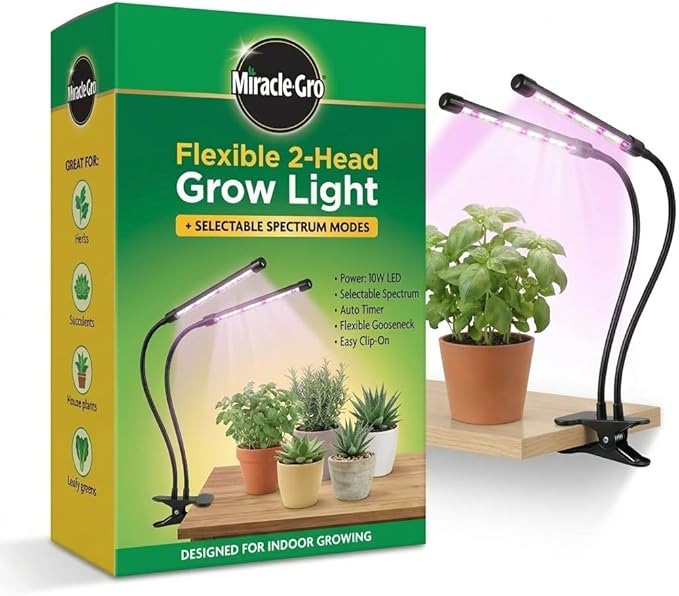 Miracle-Gro Grow Light for Indoor Plants - 10W LED Flexible 2-Head Selectable Spectrum for Indoor Plants Seeds Herbs Flowers Plug-in Anywhere for Any Plant