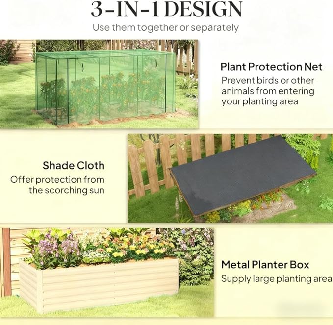 Raised Garden Bed for Flowers Veggies and HerbsGalvanized Steel Planter Box with Crop Cage and Shade Cloth KF705