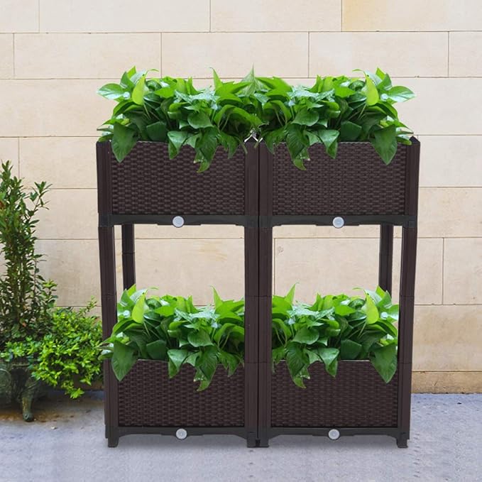 4 Pcs Free Splicing Injection Planting BoxOutdoor Plastic Raised Garden BedLarge Vertical Pot Planter BoxesIndoor Outdoor Flower Bedswith Drainage Plugfor Patio Porch Lawn Backyard (Brown)